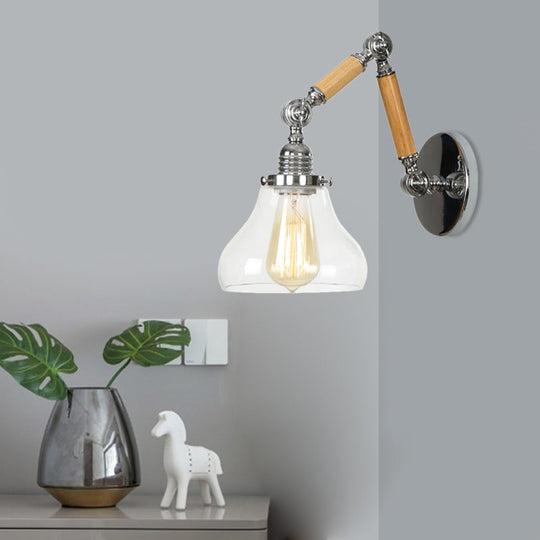 Industrial Gourd Glass Wall Sconce With Wooden Arm And Chrome Finish - 1 Light Fixture For Living