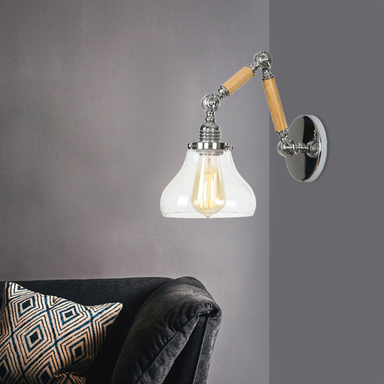 Industrial Gourd Glass Wall Sconce With Wooden Arm And Chrome Finish - 1 Light Fixture For Living