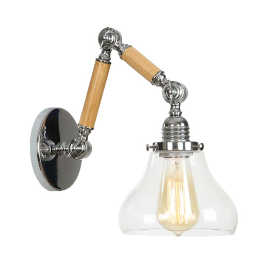 Industrial Gourd Glass Wall Sconce With Wooden Arm And Chrome Finish - 1 Light Fixture For Living