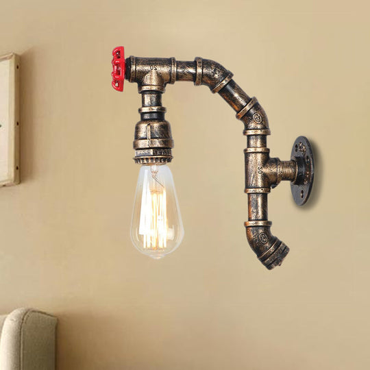 Farmhouse Style Pipe Iron Wall Sconce - Bronze Finish Exposed Bulb 1 Head Corridor Light