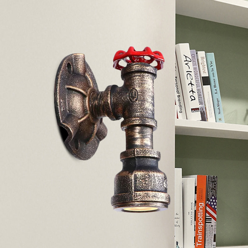 Retro Industrial Bronze Wall Sconce With Valve Wheel & 1 Light Pipe Shade - Indoor Metallic Lamp