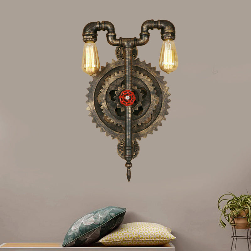 Iron Wall Sconce Light With Exposed Bulbs Gear And Pipe Industrial Design - Restaurant Lighting In