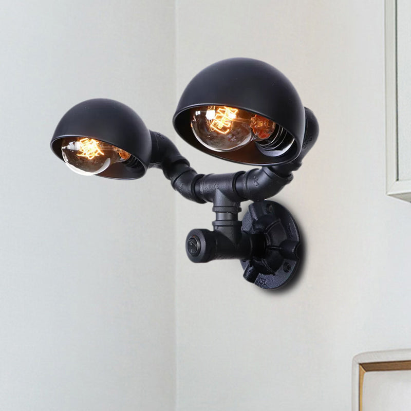 Industrial Style Black Wall Sconce Lamp With 2 Bulbs And Metallic Domed Design For Corridor