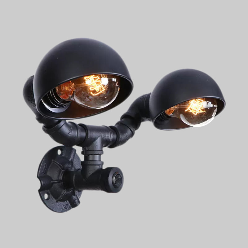 Industrial Style Black Wall Sconce Lamp With 2 Bulbs And Metallic Domed Design For Corridor