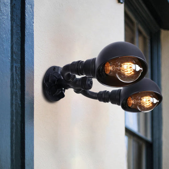 Industrial Style Black Wall Sconce Lamp With 2 Bulbs And Metallic Domed Design For Corridor