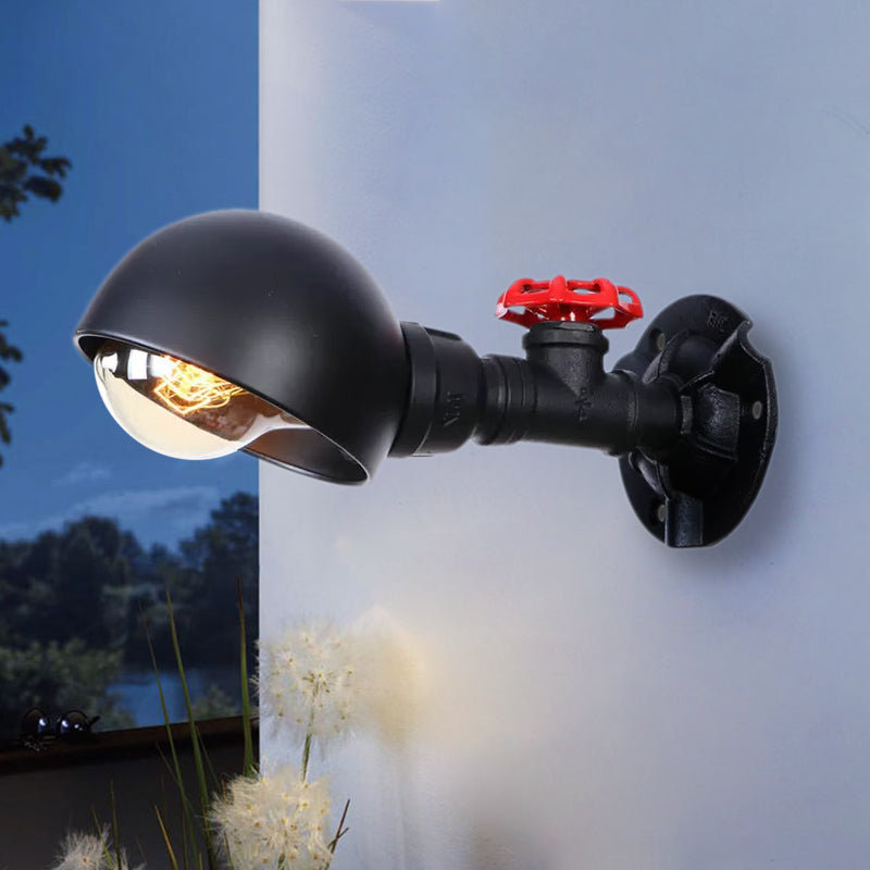 Industrial Half Globe Wall Lamp With Red Valve Decoration In Black - 1 Light Metal Sconce