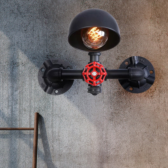 Steampunk Domed Wall Lamp: Valve Wheel Fixture Metallic 1 Head Black - Perfect For Living Room