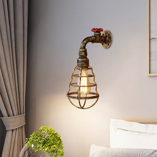 Farmhouse Style Aged Bronze Iron Wall Sconce: Head Cage Bulb Shaped Lamp With Valve Wheel