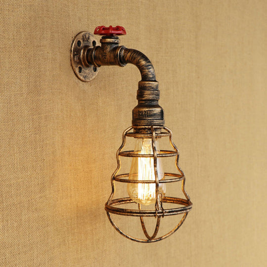 Farmhouse Style Aged Bronze Iron Wall Sconce: Head Cage Bulb Shaped Lamp With Valve Wheel