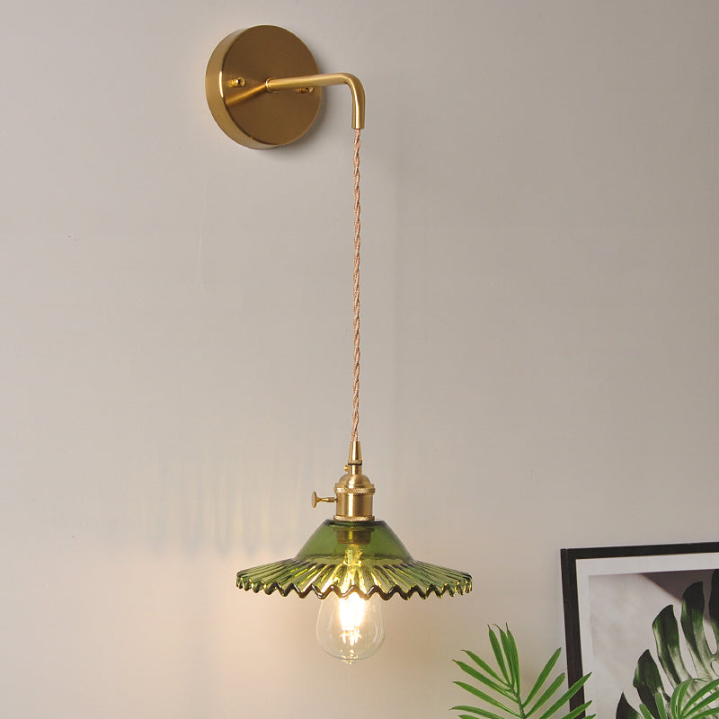 Scalloped Wall Sconce: Green Glass Industrial Light Fixture In Brass For Living Room