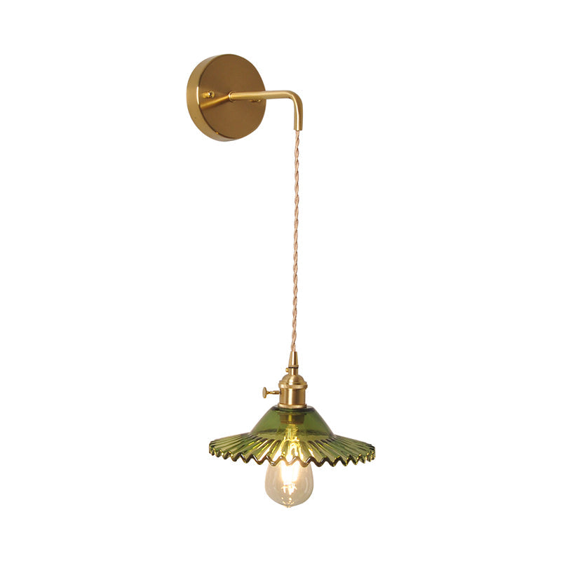 Scalloped Wall Sconce: Green Glass Industrial Light Fixture In Brass For Living Room