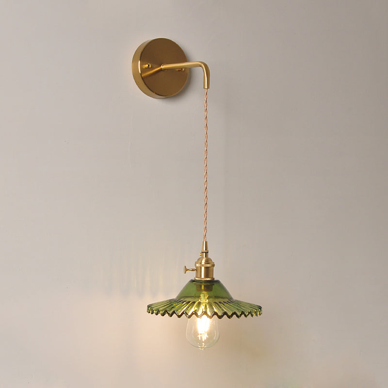 Scalloped Wall Sconce: Green Glass Industrial Light Fixture In Brass For Living Room