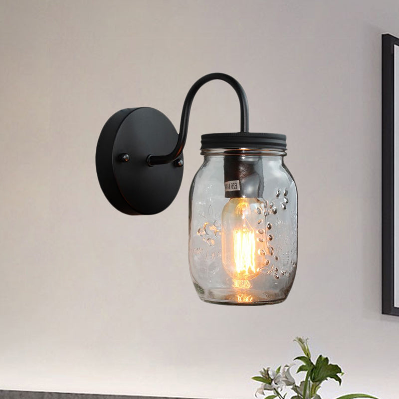 Industrial Clear Glass Wall Sconce With Black Jar Shade: Modern Bedroom Light Fixture Floral Detail