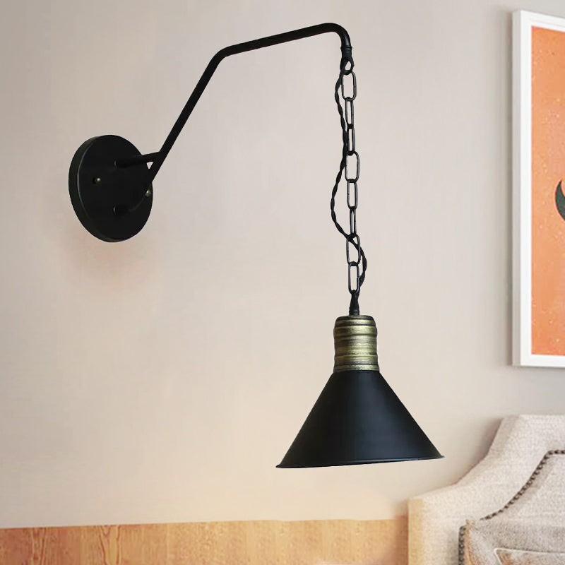 Industrial Retro Black Conical Wall Lighting Sconce With Chain For Dining Room