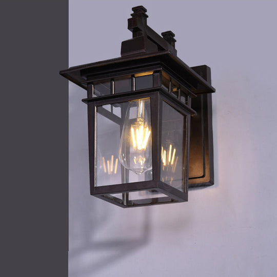 Black Industrial Lantern Wall Sconce - Clear Glass Hanging Light With Single Bulb For Porch