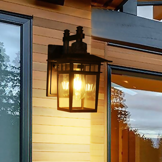 Black Industrial Lantern Wall Sconce - Clear Glass Hanging Light With Single Bulb For Porch