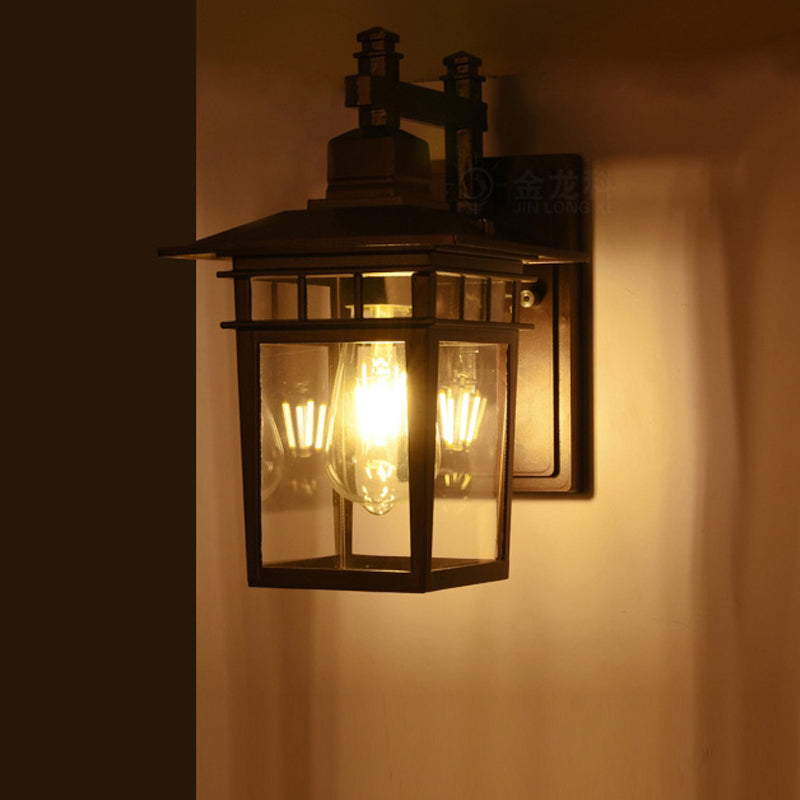 Black Industrial Lantern Wall Sconce - Clear Glass Hanging Light With Single Bulb For Porch