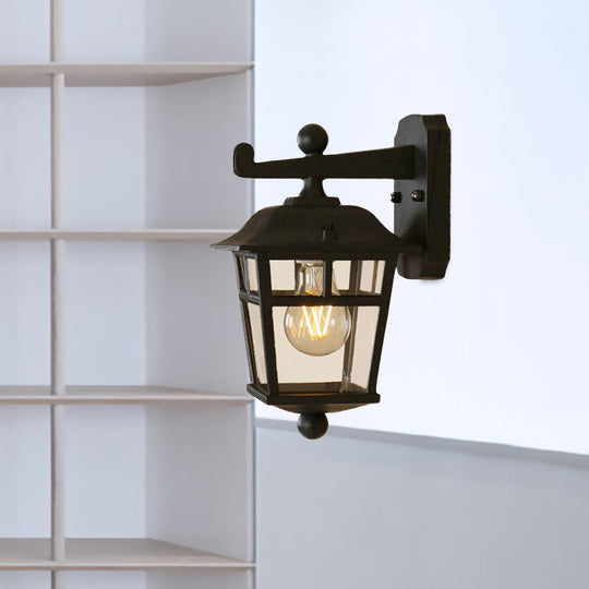 Black Industrial Lantern Wall Sconce - Clear Glass Hanging Light With Single Bulb For Porch