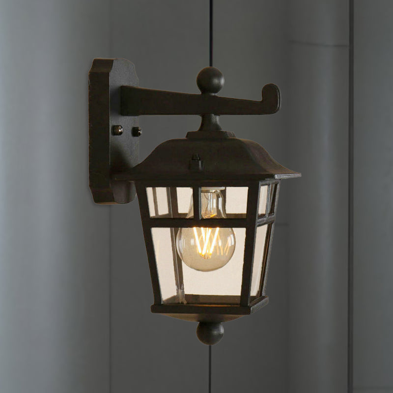 Black Industrial Lantern Wall Sconce - Clear Glass Hanging Light With Single Bulb For Porch