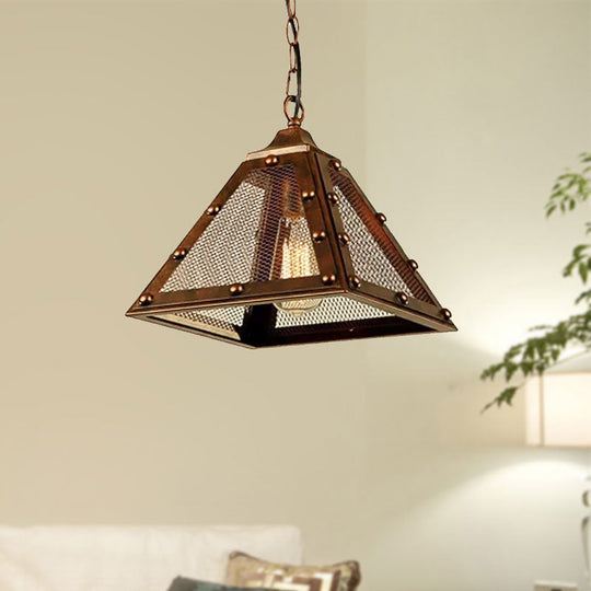 Rustic Riveted Hanging Lamp - Farmhouse Style Pendant Light with Mesh Pyramid Shade