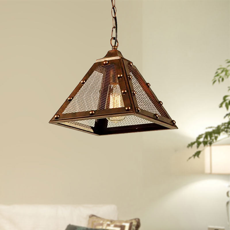 Dark Rust Metal Pyramid Shade Pendant Light With Rivets Deco In Farmhouse Style