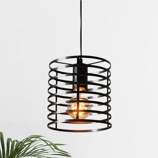 Retro Style Black/White Cylinder Cage Pendant Ceiling Lamp - Adjustable Height, Indoor Metal Hanging Light with 1 Bulb