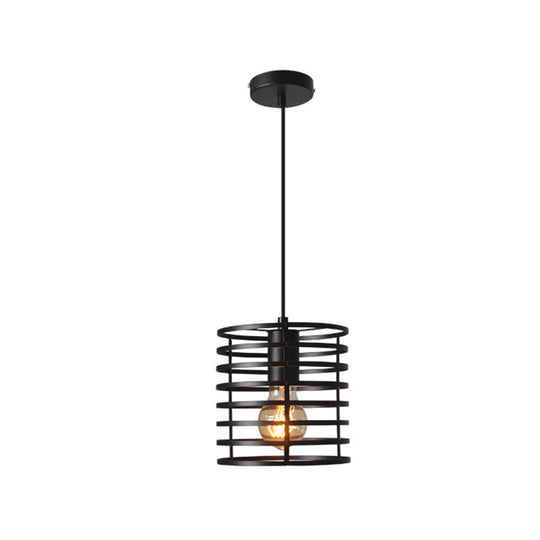 Retro Style Black/White Cylinder Cage Pendant Ceiling Lamp - Adjustable Height, Indoor Metal Hanging Light with 1 Bulb