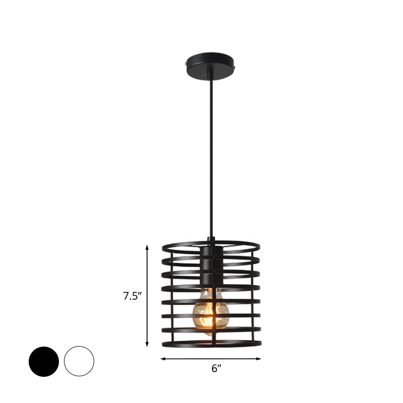 Retro Style Black/White Cylinder Cage Pendant Ceiling Lamp - Adjustable Height, Indoor Metal Hanging Light with 1 Bulb