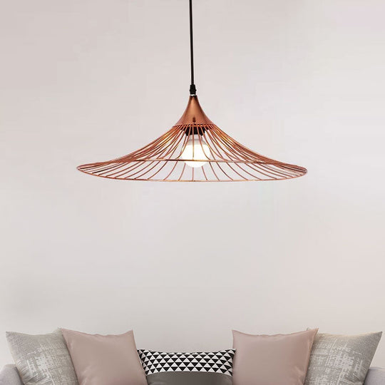 Rose Gold Loft Style Suspended Lamp with Flared Shade - 1 Light, Metal Frame - 16"/19.5" Dia