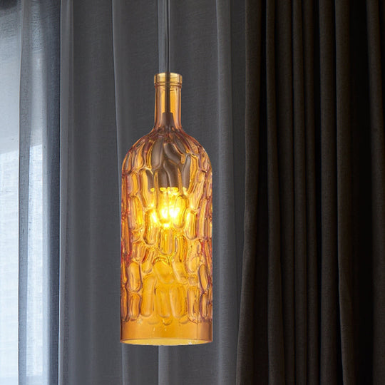 Vintage Yellow/Brown Glass Pendant Light with Dimpled Bottle Shade - 1-Light Fixture for Living Room