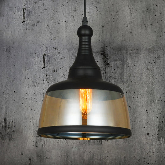 8"/8.5" Wide Industrial Cylinder Pendant Light - 1-Light Amber Glass Hanging Lamp in Black