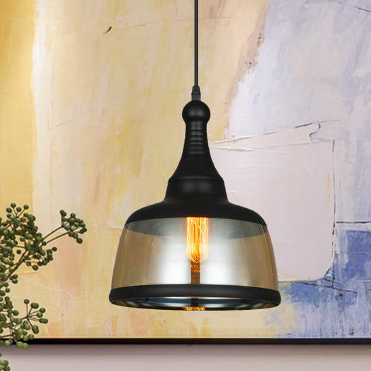 8/8.5 Wide Cylinder Pendant Light - Industrial Amber Glass Hanging Lamp In Black