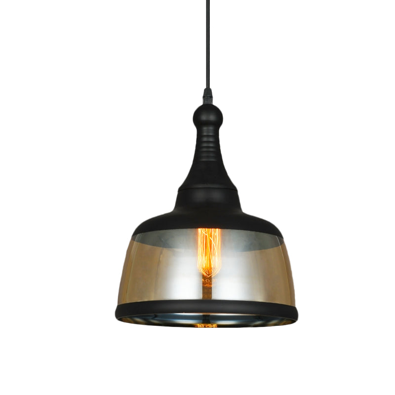 8/8.5 Wide Cylinder Pendant Light - Industrial Amber Glass Hanging Lamp In Black