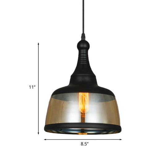 8"/8.5" Wide Industrial Cylinder Pendant Light - 1-Light Amber Glass Hanging Lamp in Black