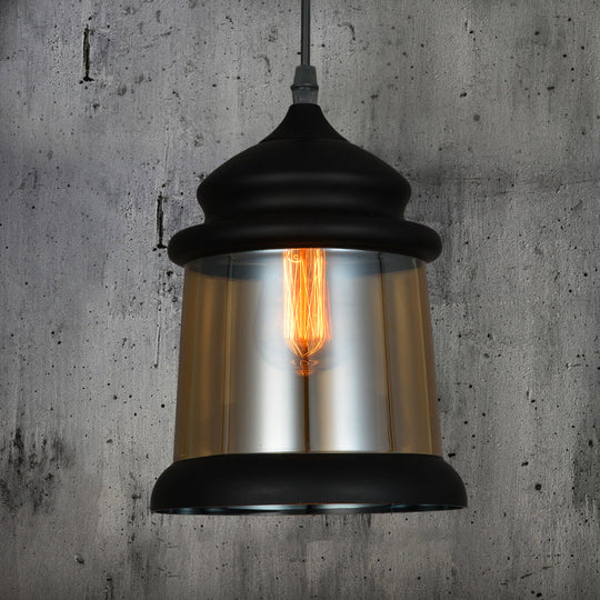 8/8.5 Wide Cylinder Pendant Light - Industrial Amber Glass Hanging Lamp In Black / 8