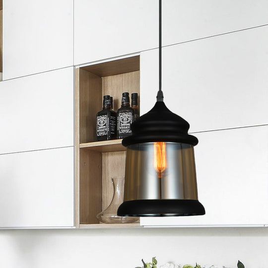 8/8.5 Wide Cylinder Pendant Light - Industrial Amber Glass Hanging Lamp In Black