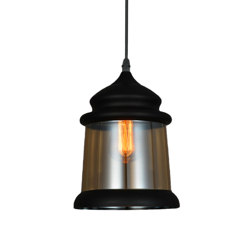 8"/8.5" Wide Industrial Cylinder Pendant Light - 1-Light Amber Glass Hanging Lamp in Black