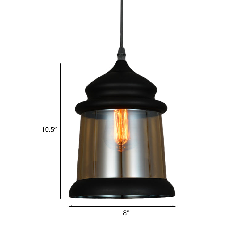 8"/8.5" Wide Industrial Cylinder Pendant Light - 1-Light Amber Glass Hanging Lamp in Black