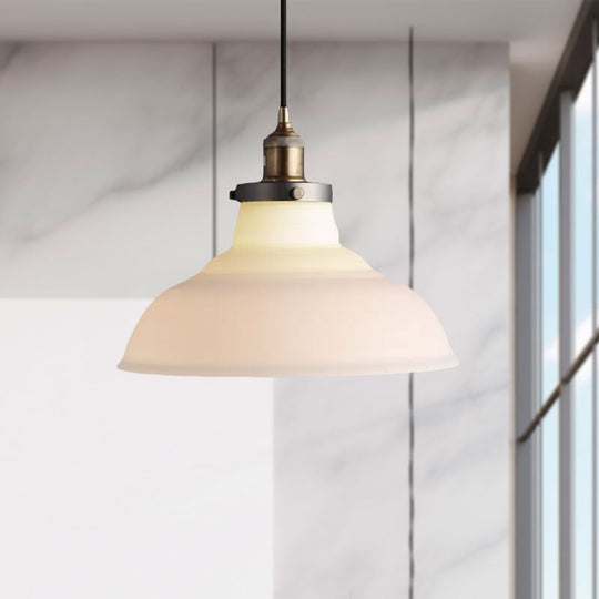 White Glass Single-Bulb Farmhouse Barn Pendant Light - Brass Finish, Ideal for Living Room Ceiling