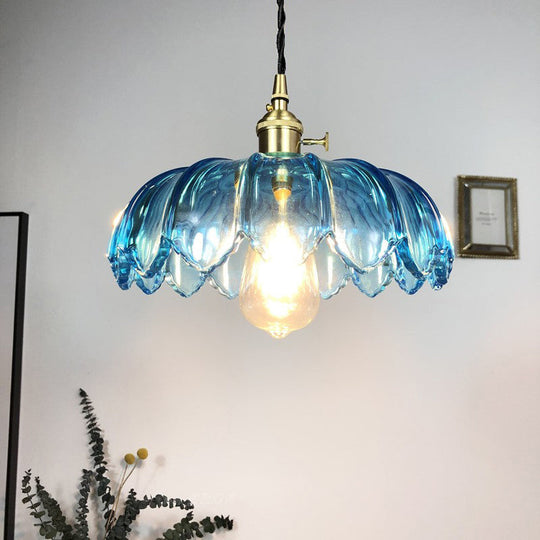 Industrial Scalloped Pendant Light - Blue Glass Hanging Lamp with Ribbed Cover - Sizes: 8"/10"/12" Wide - Brass Finish