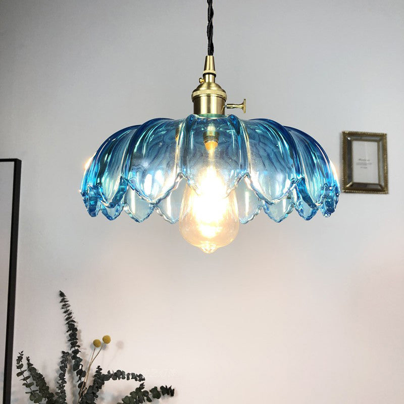 Industrial Scalloped Pendant Light: 8/10/12 Wide 1-Light Blue Glass Hanging Lamp In Brass With