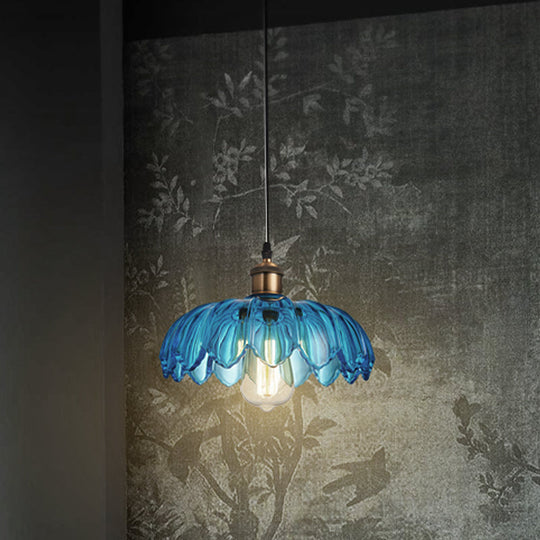 Industrial Scalloped Pendant Light - Blue Glass Hanging Lamp with Ribbed Cover - Sizes: 8"/10"/12" Wide - Brass Finish