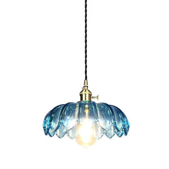 Industrial Scalloped Pendant Light - Blue Glass Hanging Lamp with Ribbed Cover - Sizes: 8"/10"/12" Wide - Brass Finish