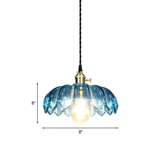 Industrial Scalloped Pendant Light - Blue Glass Hanging Lamp with Ribbed Cover - Sizes: 8"/10"/12" Wide - Brass Finish