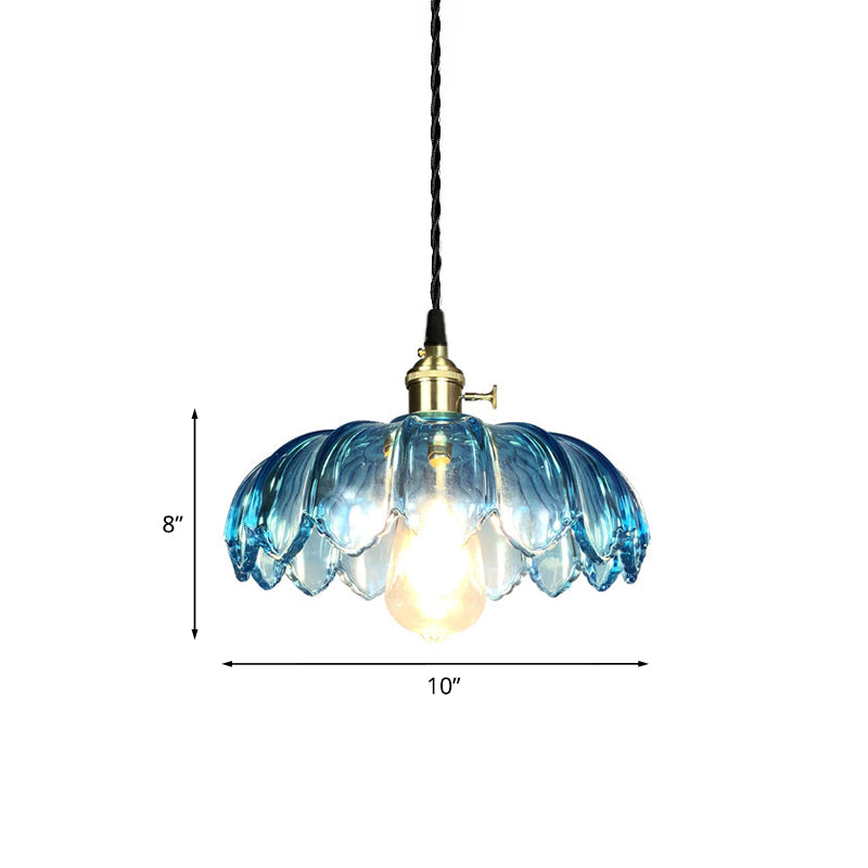 Industrial Scalloped Pendant Light - Blue Glass Hanging Lamp with Ribbed Cover - Sizes: 8"/10"/12" Wide - Brass Finish