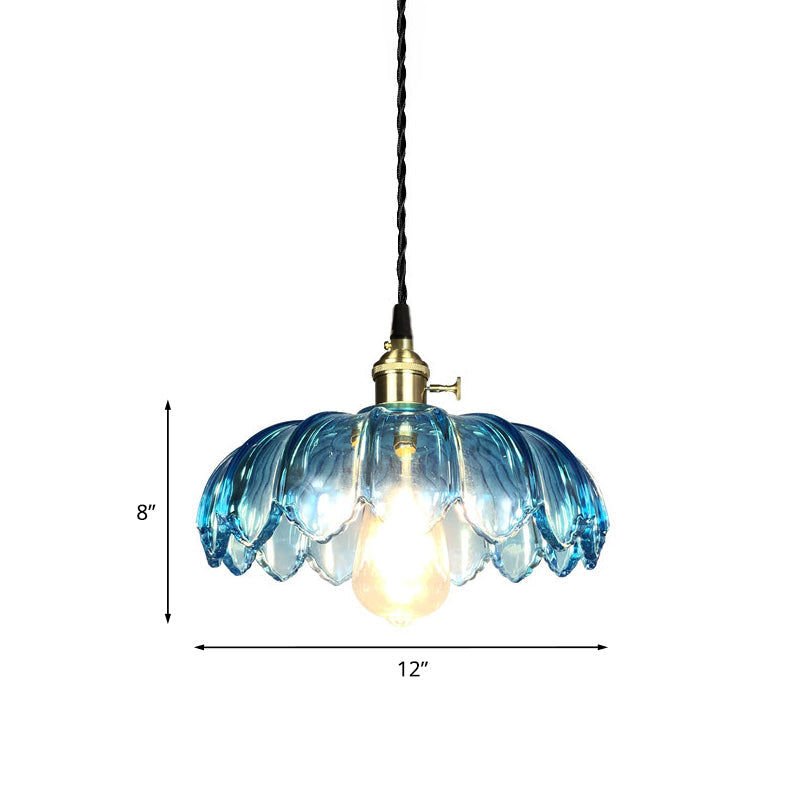 Industrial Scalloped Pendant Light - Blue Glass Hanging Lamp with Ribbed Cover - Sizes: 8"/10"/12" Wide - Brass Finish