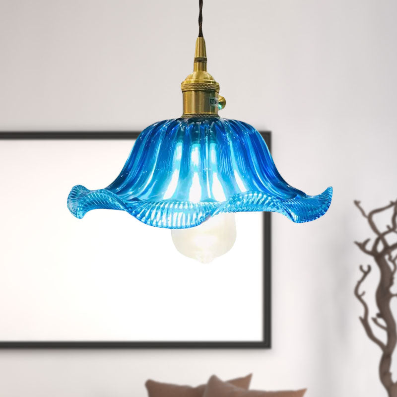 Industrial Scalloped Hanging Ceiling Light - 1-Light Blue Glass Pendant Fixture, 12" Wide