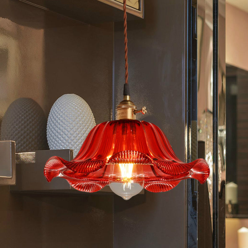 Industrial Scalloped Pendant Light - Red Glass Hanging Lamp For Living Room 8/10/12 Wide / 8