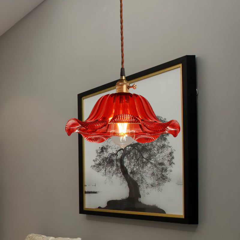 Industrial Scalloped Pendant Light - 1 Light, Red Glass, 8"/10"/12" Wide - Hanging Lamp for Living Room