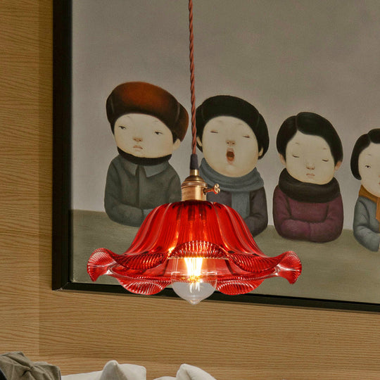 Industrial Scalloped Pendant Light - 1 Light, Red Glass, 8"/10"/12" Wide - Hanging Lamp for Living Room